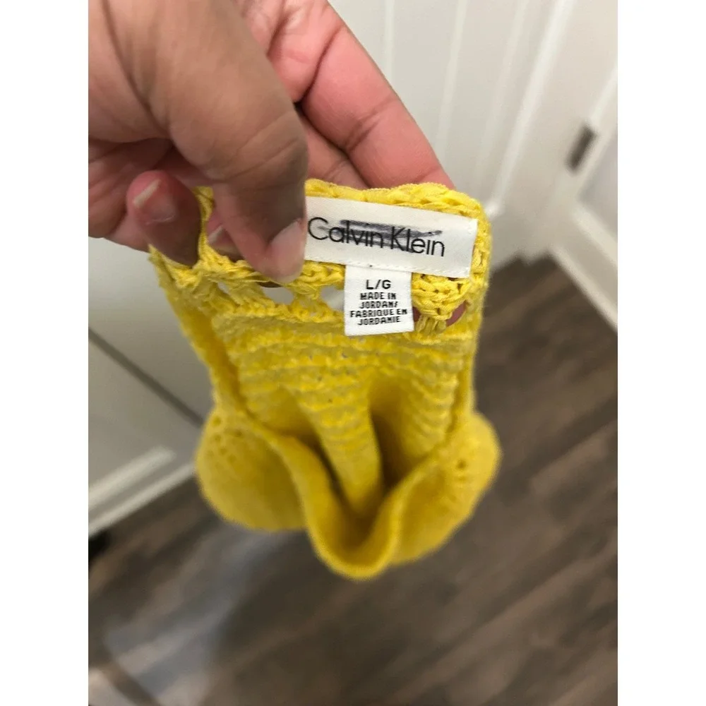 Calvin Klein Yellow Open Knit Boat Neck Sweater‎ 3/4 Sleeve Large